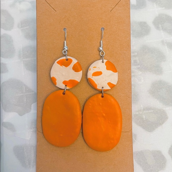 Handmade Orange and White Clay Earrings - Picture 2 of 2